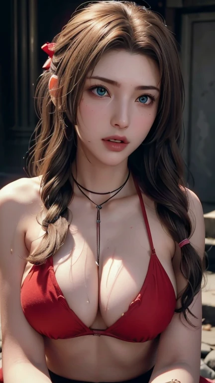 (masterpiece, best quality:1.4), (1 girl), Solitary, Alice Gainsborough:1.4, collar, cropped jacket, Hairpin, bracelet, pink skirt, Brown boots, Very long hair, Headbands, Flowering, , high heels hyperPractical, High Detail Skin, DSLR camera, Soft lighting, high quality, The facial details are very rich, highly refined skin, Skin pores, Subsurface scattering, Practical pupils, Mid-chest, Full face blush, Full lips, Detailed background, Depth of Field, Volumetric Lighting, Sharp focus, Ridiculous, Practical proportions, Good anatomy, (Practical, hyperPractical:1.4), 16k ( Medium-sized breasts: 1.5), 

(Close eyes,open mouth,pant,moan,frown:1.2)
Close your eyes and fall asleep:1.8 Wearing black-rimmed glasses:1.5 eyebrows slightly wrinkled:1.7
 (Obscene expressions:1.3) (Teethless:1.5) (Sweating all over:1.4)  ,
Take off your jacket halfway to expose your shoulders:1.6 long shot full body pictures:2.3 photos include head to toe:1.6 (Sexy long legs:1.0) 

(The clothes reveal a lot of cleavage:1.3), (The clothes are pure red,No other colors mixed in:1.3)

Kneel down:1.8 Slim and athletic figure,Slim figure:1.8 (Eyes are water blue pupils:1.3)

The body is shiny due to sweating:1.2

(深Red bikini,Showing deep cleavage,Slightly larger breasts:1.6)
Red bikini:1.6