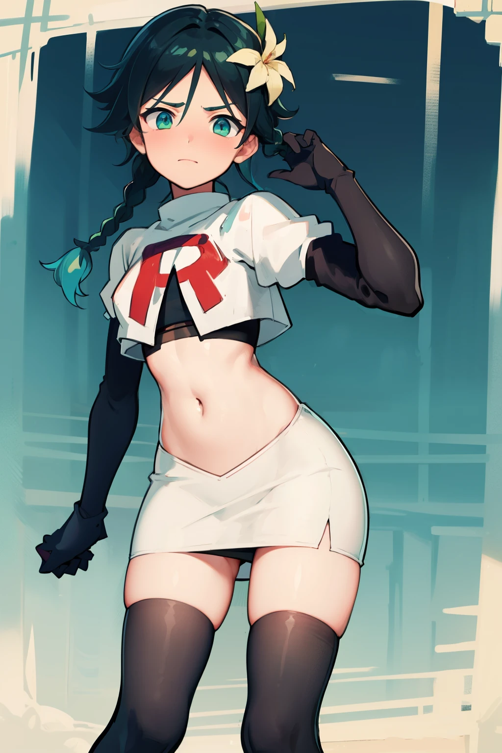 absurdres,venti,1boy, male focus, trap,black hair, green-blue hair, hair braid,hair flower,aqua green eyes,crossdressing,1boy,team rocket,team rocket uniform,white skirt,red letter R,crop top,black thigh-highs,black elbow gloves, embarrassed, blush