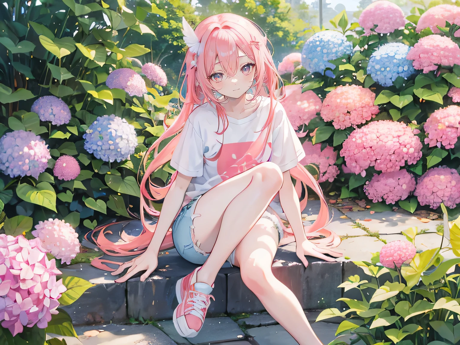 Coral pink hair,Long hair,hair over one eye,Gray eyes,feather hair ornament,cute,Girl,laughing expression,White short sleeve,Denim shorts,Wearing sneakers,Sitting on the ground,whole body,Don't show your arms,Background is hydrangea,Lots of hydrangeas,many clouds