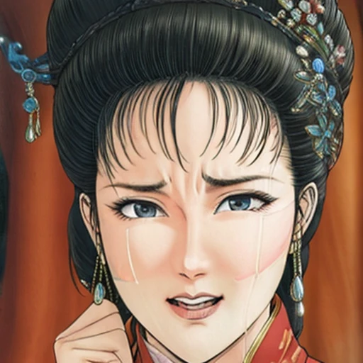 NSFW,mature female,{full_nude},{full_body},big nipple,Pubic hair of the same color as the hair,red cheek, crying, open mouth,skinny,sit on chinese traditional style bed,{best quality}, {very aesthetic}, {ultra-detailed}, {best illustration},ancient chinese traditional costume,Undressing