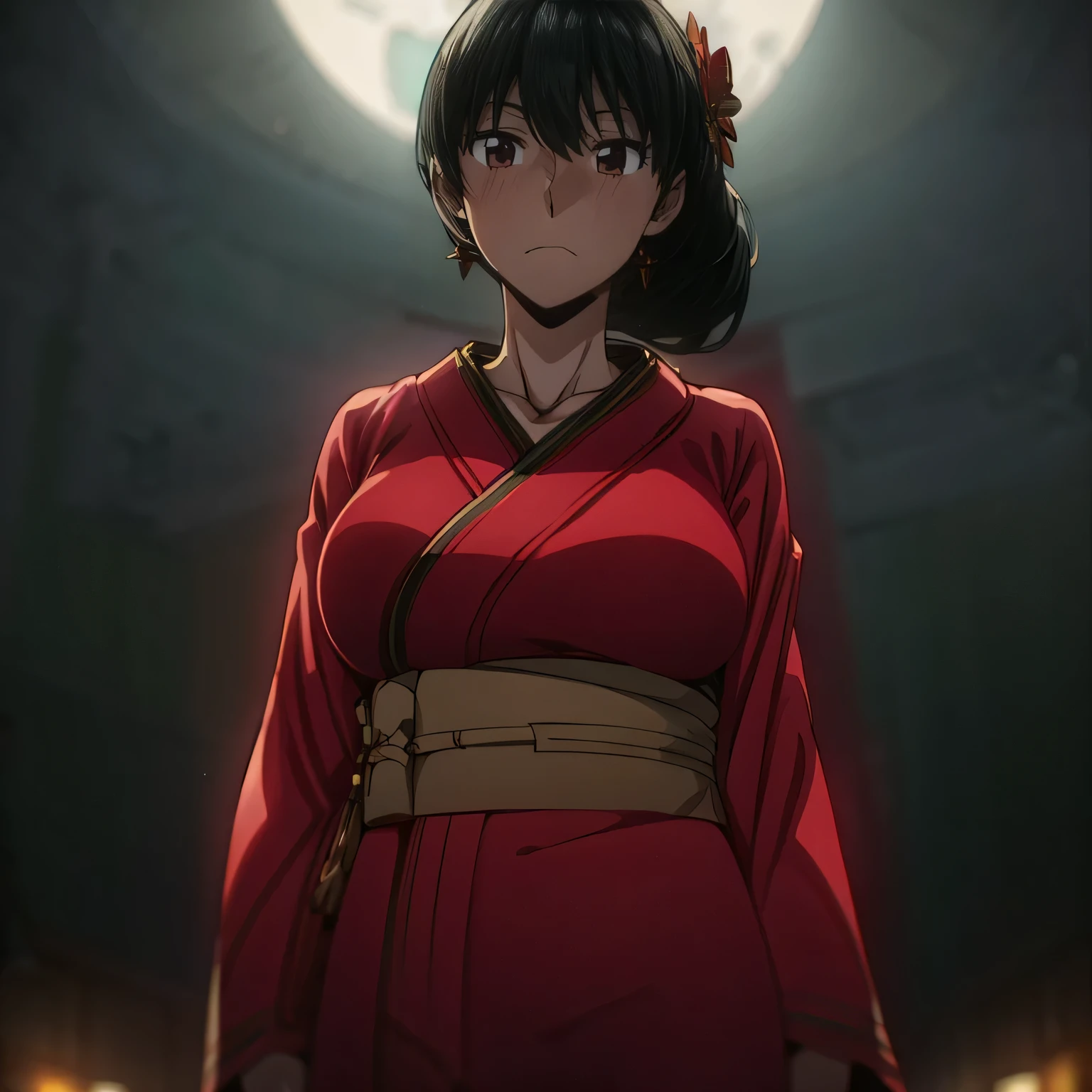 , (masterpiece), (best quality), (ultra-detailed), (extremely detailed cg), (a extremely delicate), (perfect lighting), (8k), (dynamic angle), (sharp image), vibrant colors, female, masterpiece, best quality, depth of field, cinematic lighting, masterpiece, best quality, ultra-detailed, colorful, vibrant, large breasts, thighs, mature female, solo, (masterpiece, best quality, high resolution, animescreencap, anime colored,), (perfect anatomy, beautiful detailed eyes, beautiful detailed body, beautiful breast, shiny skin), a sexy mature anime lady standing outside wearing japanese kimono, ((flower designed kimono)) , japanese festival, night, moon, stars, looking at viewer, side bangs, black hair, red eyes, braided ponytail, side bangs, medium breasts, medium chest, outdoors ,