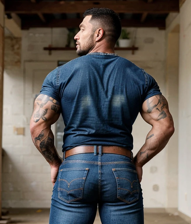 1male, vaqueros, Big muscles, rostro, realista, foto, real foto, cuerpo completo, jeans, backside