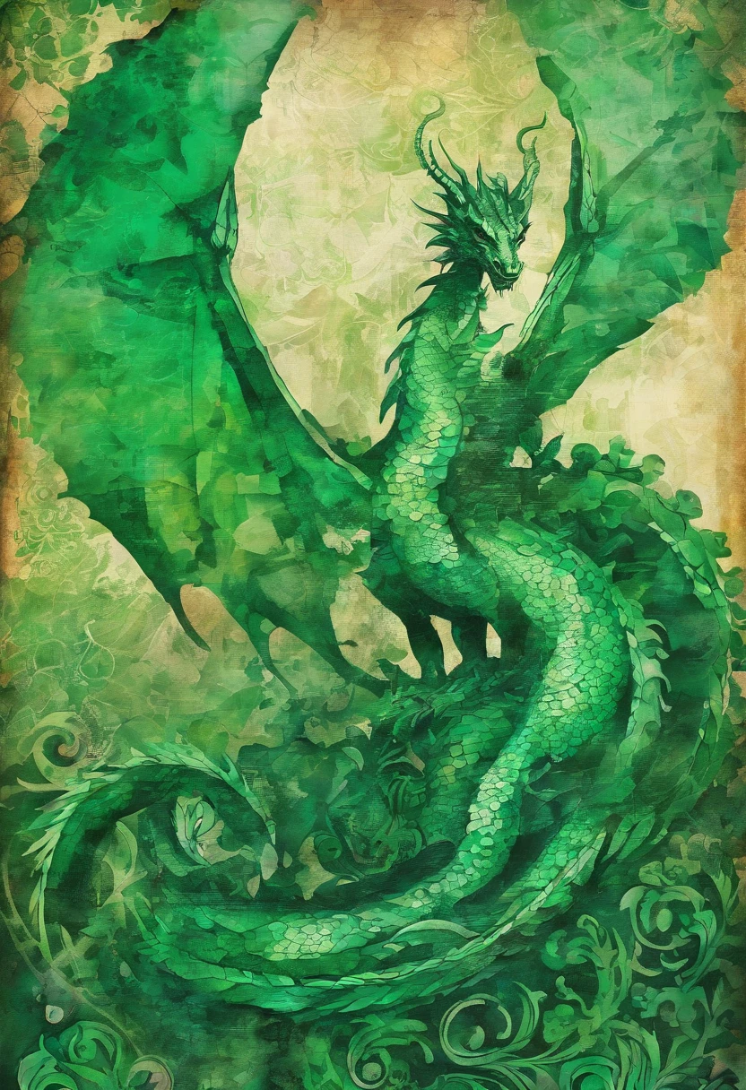 dragon green emerald green irish, regard et posture visionnaire, green forest background ::2 colorful ink painting ::2 art fantasy