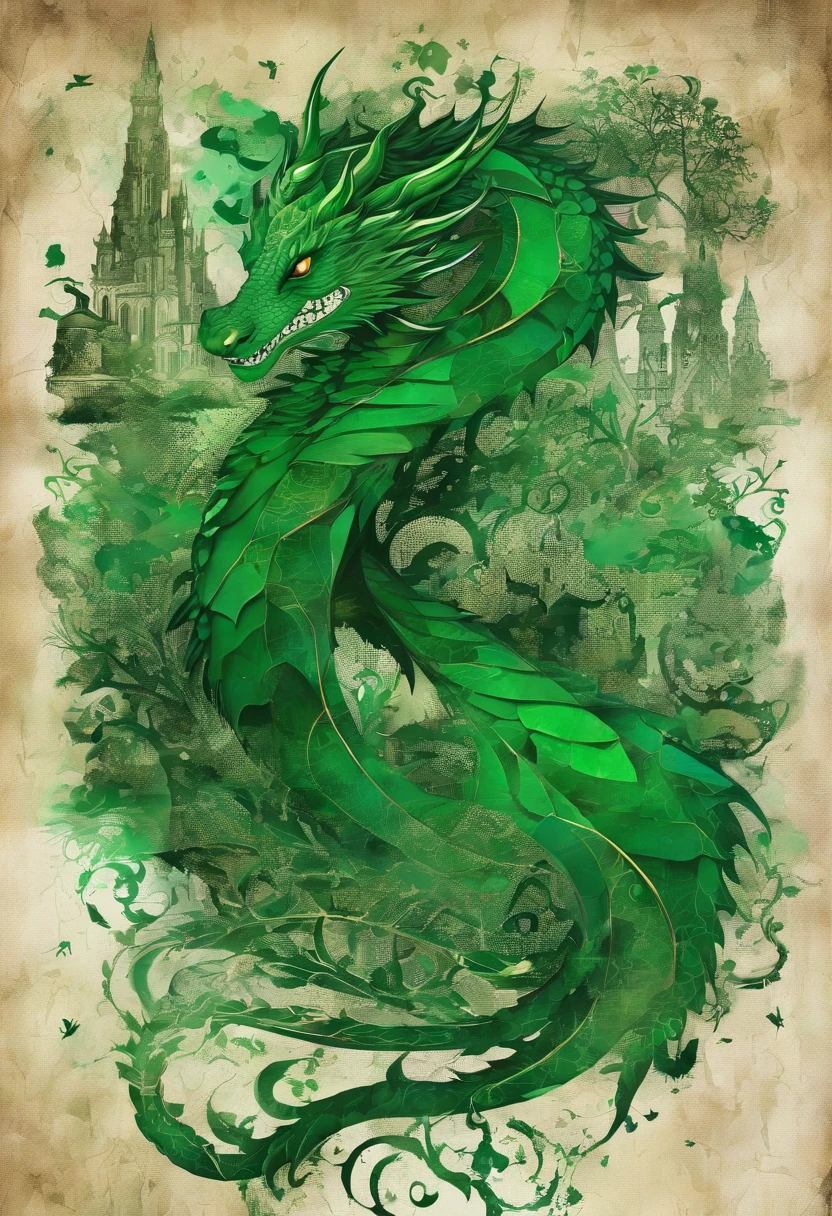 dragon green emerald green irish, regard et posture visionnaire, green forest background ::2 colorful ink painting ::2 art fantasy