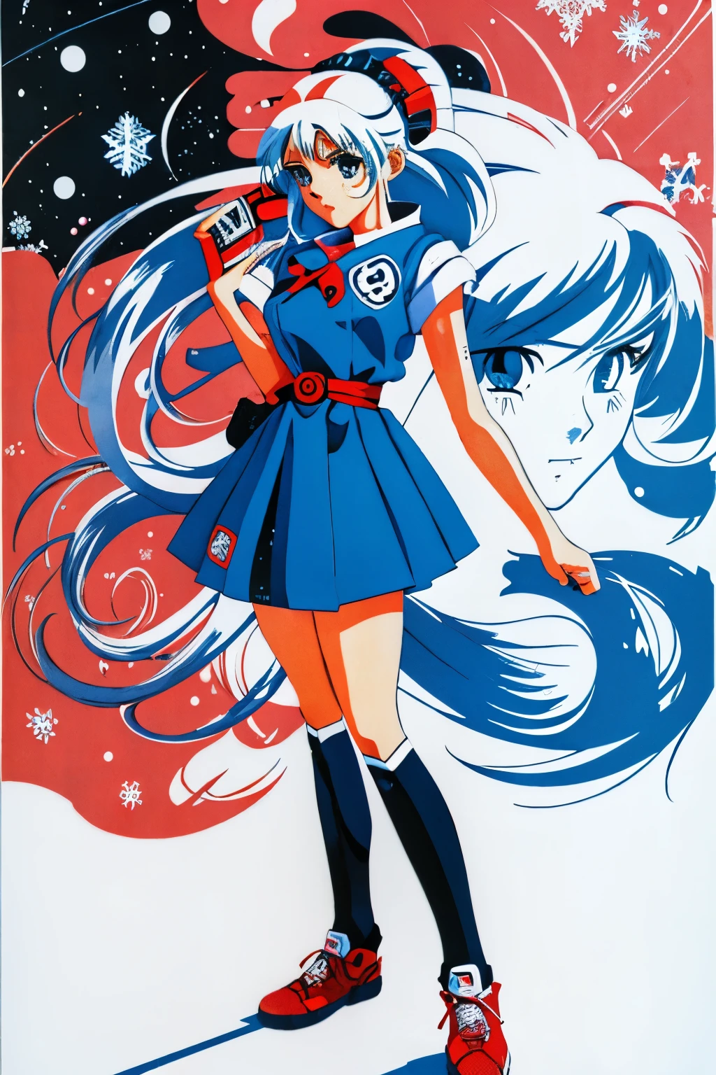 A CUTE ANIME GEEK GIRL OF THE UNIVERSE THROUGH THE SNOWFLAKE DIFFERENT MODELS, Character design, Full body shot, Anime style, manga art, Graffiti art, Inking, Graphic, Masterpiece, Design, Art by Jamie Hewlett, 2d illustration drawing