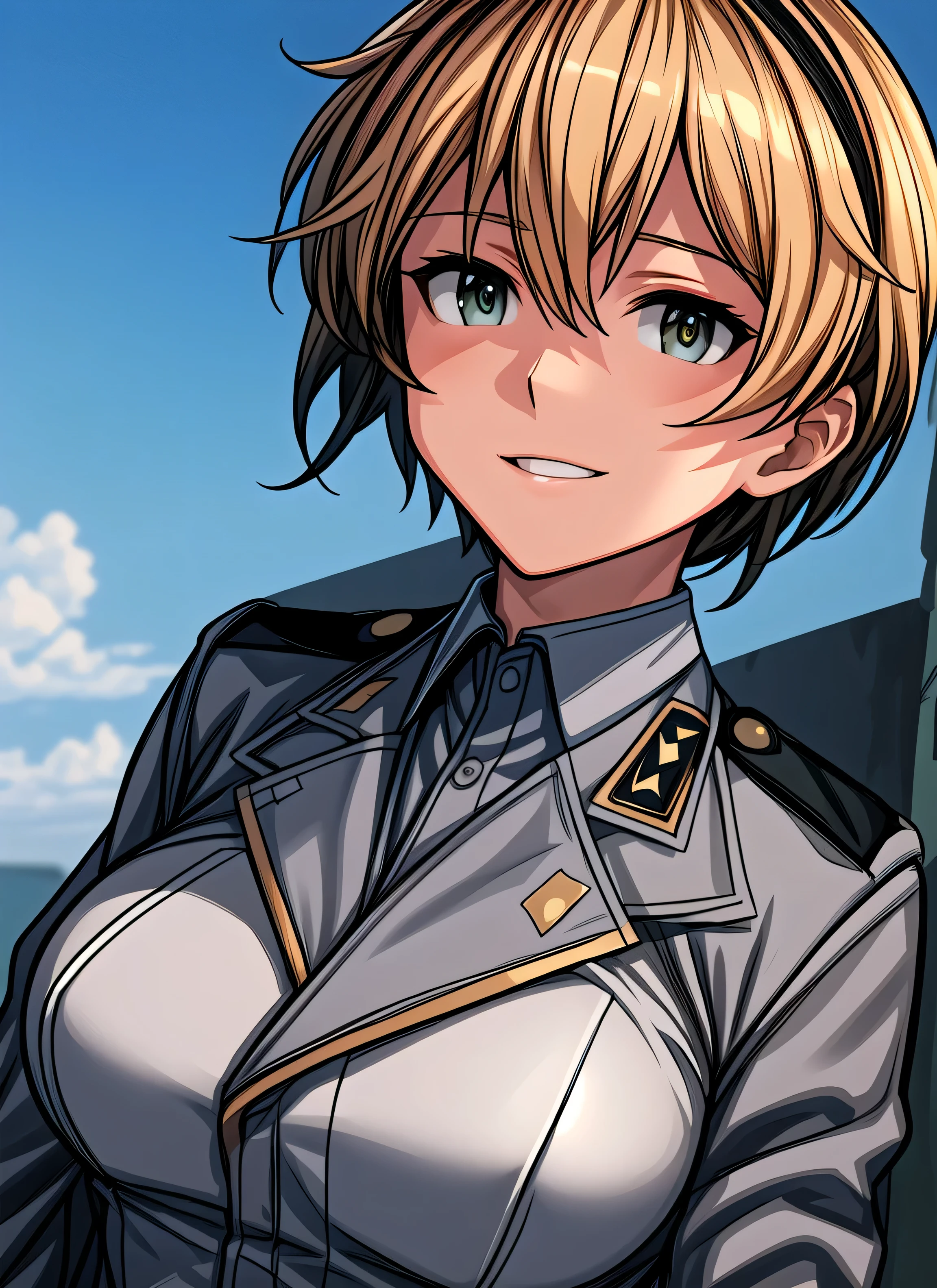 best quality, best quality, ultra-detailed, highres,sharp focus,(ultra detailed,extremely detailed), 1girl,(masterpiece, best quality), masterpiece, best quality, Krupinski, solo, upper body, smile, looking at viewer, military uniform, military airport, dim lighting, sky, clouds, dynamic angle
