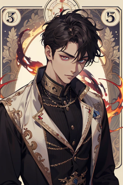 (absurdress, hight resolution, overdetalization), 1 male, grown up, medium jet-black hair, amused face, cutest, tall muscular guy, Flames swirl around him, wide shoulders, Violet eye, Detailed eyes and detailed face, fool \tarot\, bard, clown, Symbolism, visual art, occultism, Universal, Vision Casting, Philosophical, Iconography, Numerology, Popularity, an artistic, by Alphonse Mucha
