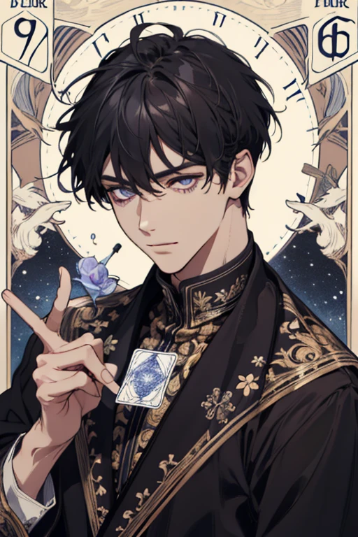 (absurdress, hight resolution, overdetalization), 1 male, up, medium jet-black hair, amused face, cutest, tall muscular guy, Flames swirl around him, wide shoulders, Violet eye, Detailed eyes and detailed face, fool \tarot\, bard, clown, Symbolism, visual art, occultism, Universal, Vision Casting, Philosophical, Iconography, Numerology, Popularity, an artistic, by Alphonse Mucha