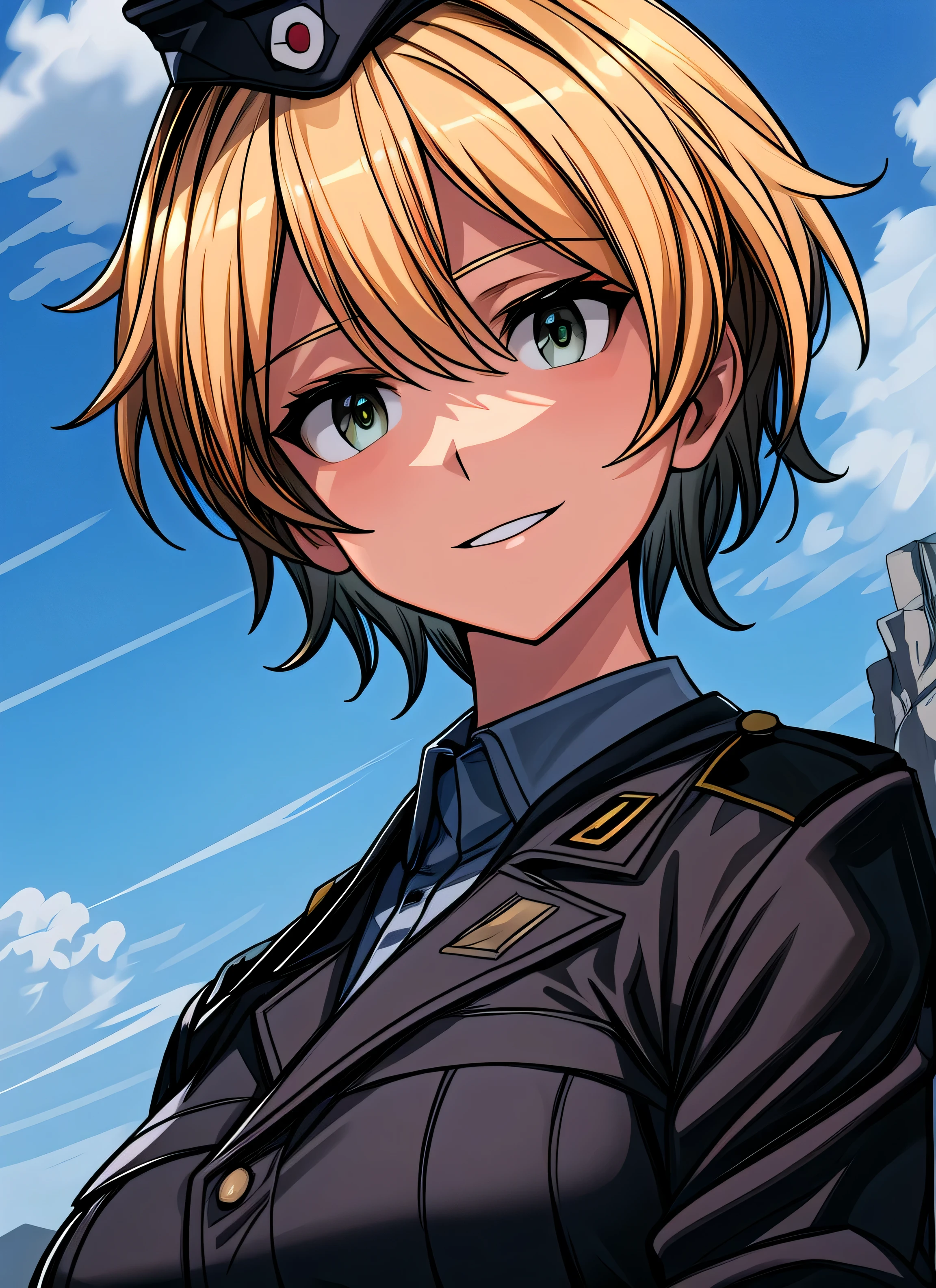 best quality, best quality, ultra-detailed, highres,sharp focus,(ultra detailed,extremely detailed), 1girl,(masterpiece, best quality), masterpiece, best quality, Krupinski, solo, upper body, smile, looking at viewer, military uniform, military airport, dim lighting, sky, clouds, dynamic angle
