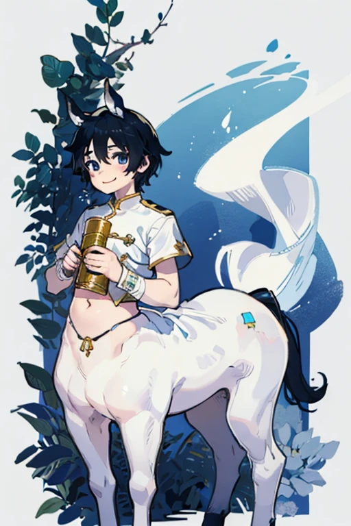  centaur male、White clothes、Poor、Belly button、Large depiction of the upper body、smile