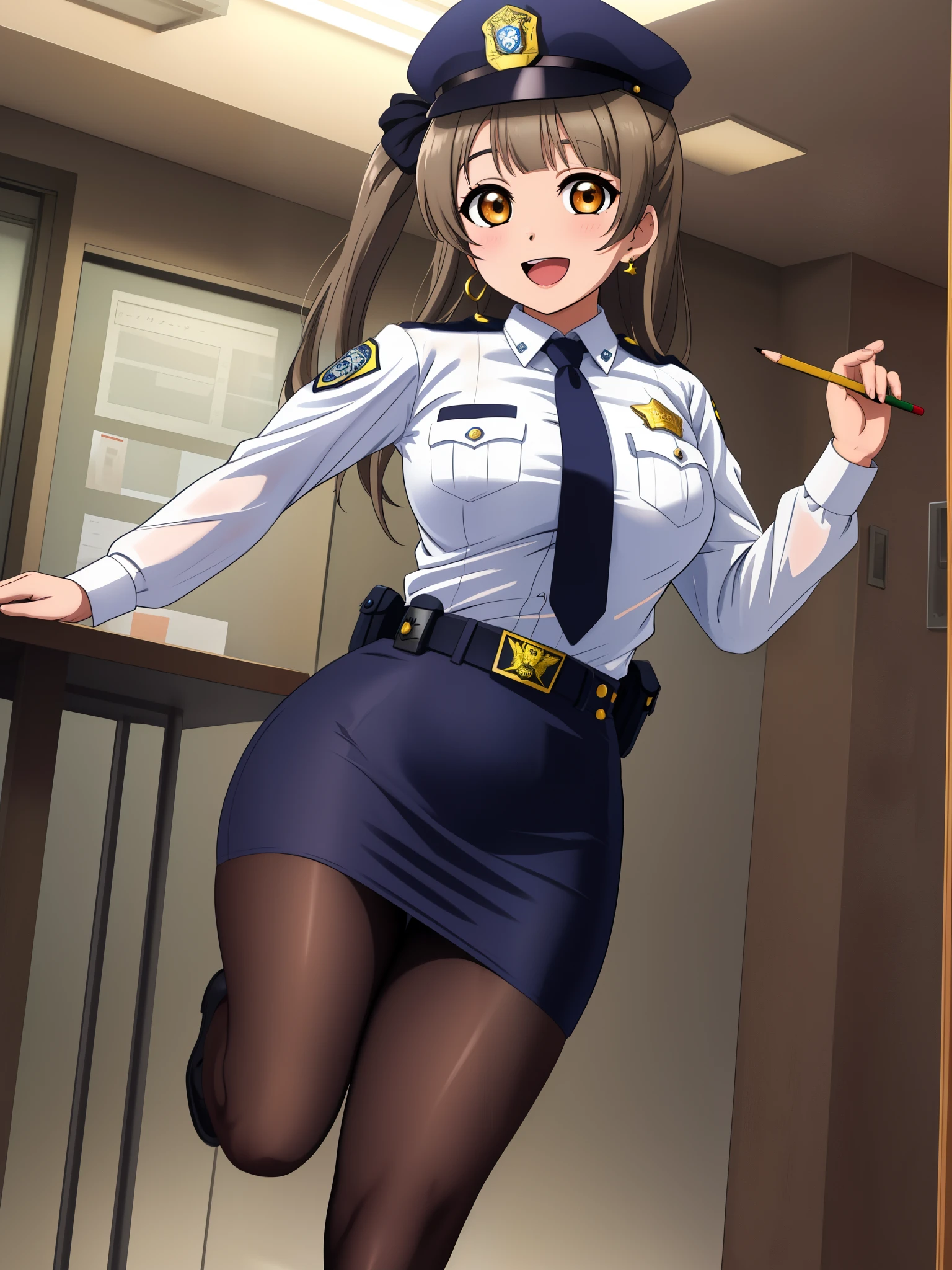 Masterpiece, best quality, (detailed face), minami kotori, curvy body, :D ,white shirt,half sleeves,earrings, pencil skirt, necktie , standing,police cap,in police station,looking at viewer, cowboy shot, thighs, wide hips , standing on one leg, solo focus ,belt, pantyhose , skin tight  