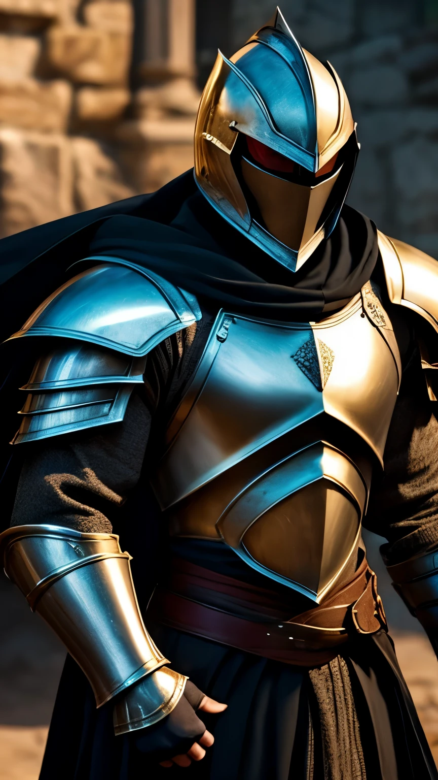 a man wearing armor,shiny metal armor,medieval knight,protective helmet,longsword,strapping buckler,strong muscular build,visibly battle-worn,stoic expression,heroic stance,majestic background,bathed in golden sunlight,realistic and detailed rendering,vivid colors,strong contrast,highlights and shadows,studio lighting