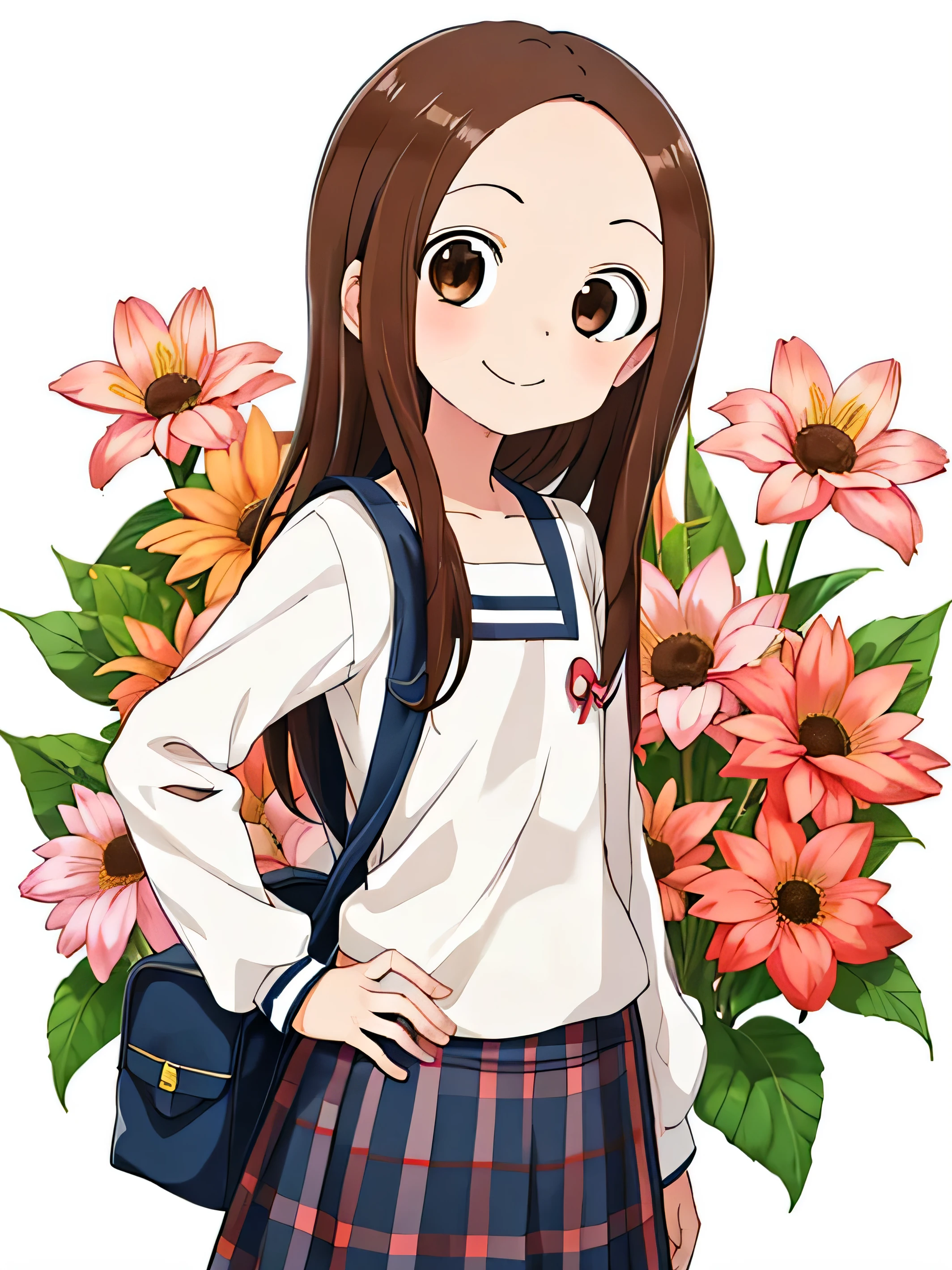 highest quality,High resolution、anime illustration style、takagi-san, one girl、closed mouth、smile、beautiful flower々Park with blooming flowers、A cute girl no matter who you look at、put your hands on your hips、absolute reference to center、smooth hair、closed mouth、brown hair、brown eyeedium hair