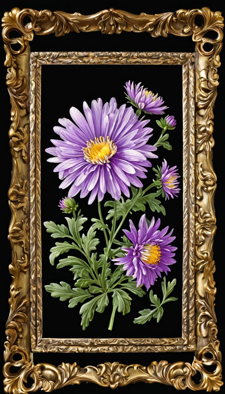 Black background Fits in the frame Small baroque frame Top center Asters flower Does not protrude