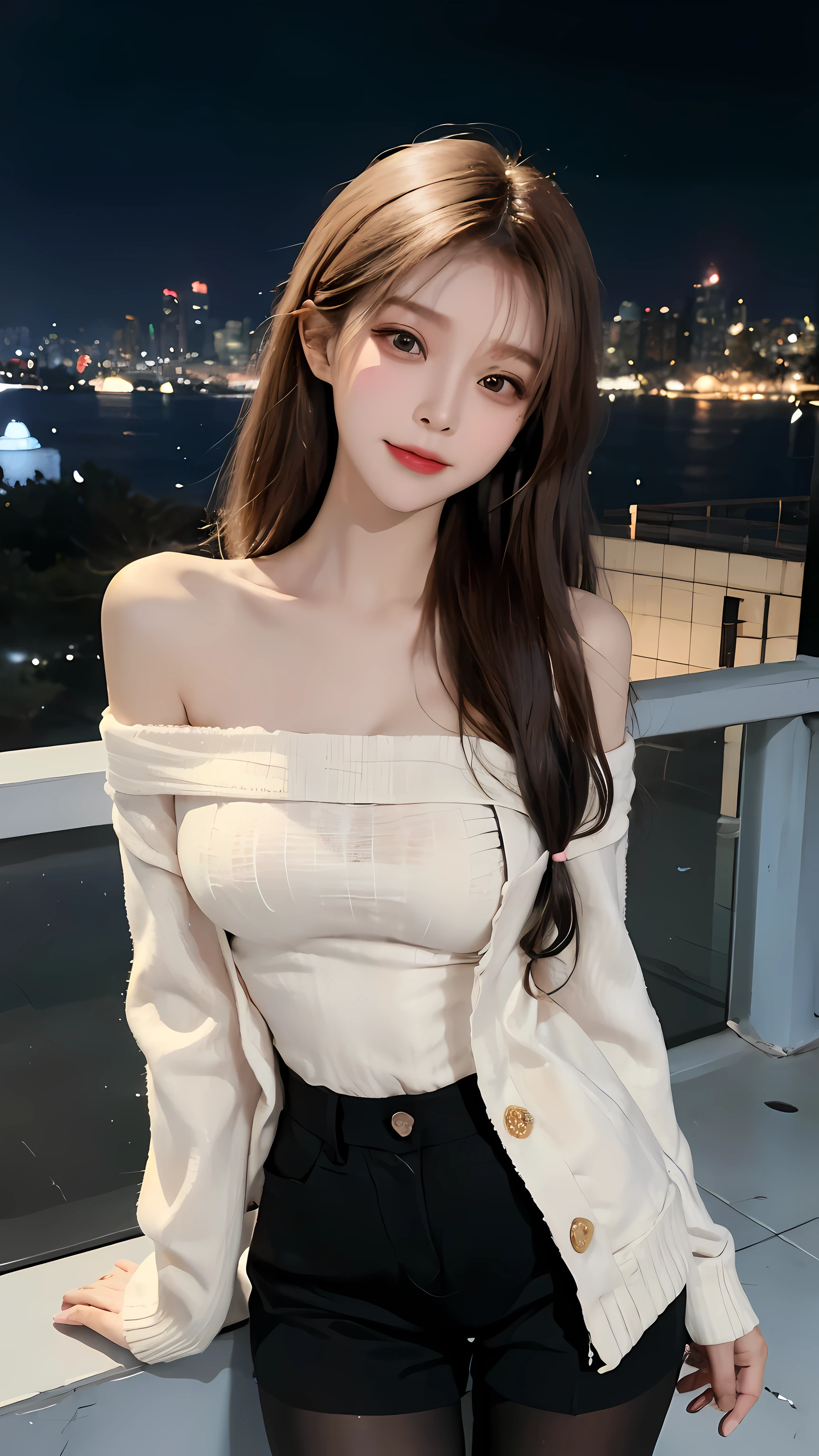 A beautiful Chinese girl wearing an off-shoulder white sweater dress and black pantyhose,Height 160,Weight 45kg,Perfect body,fairer complexion,Oval face,Deep facial features,Long brown hair,A confident smile,A little blush on face,light pink eyeshadow,night time,Posing against the railing on the observation deck,Realistic style,masterpiece