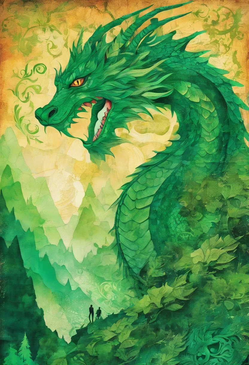 emerald green dragon irish green waving, regard et posture visionnaire, green forest background ::2 colorful ink painting ::2 art fantasy