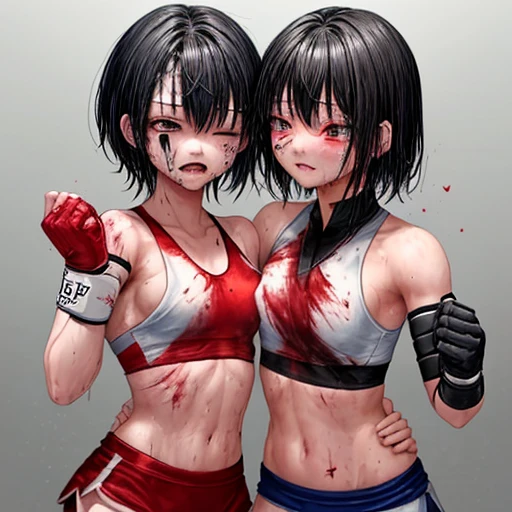 A match between two beautiful high school girls mixed martial artists。Covered in blood、Covered in wounds and in a bad shape。After the match、They hugged each other and praised each other for their efforts.。Facial swelling。Bruised body。With one eye closed, it seems painful。Fighting inside the Octagon。I&#39;m soaked in sweat。Open Finger Gloves。Erect nipples。Short black hair。