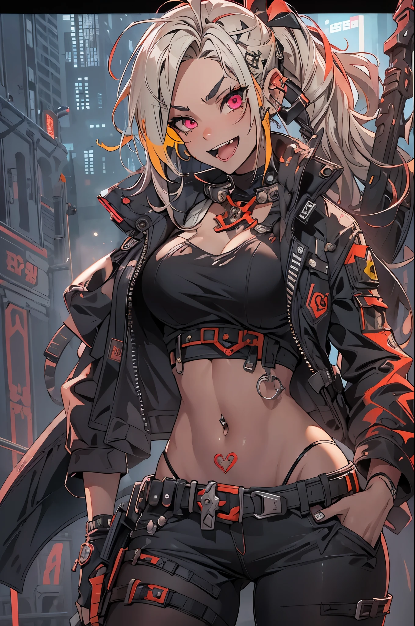 1girl, rebecca \(cyberpunk\), ((cowboy shot)),(( a huge big scythe, the size of half of the screen:1.3 )),solo, blonde braid hair, glowing red eyes,laugh fearlessly, leg tattoo, neck tattoo,  large chest, black bra, thong, red pupils, skin fang, red eyes, black jacket, 