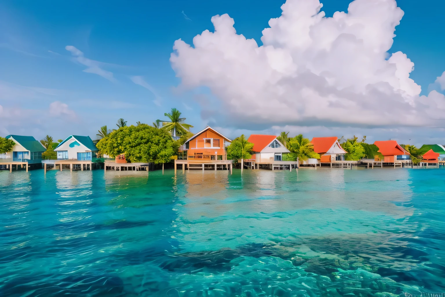 Blue sky、The sea sparkles with an emerald gradient、Overwater cottages in the Maldives、The beach is full of colorful flowers, Digital painting inspired by Charles Bird King, Shutterstock, Fantasy art, colorful hd images, Colorful 8 k, beautiful and colorful, Long colorful bird, Highly detailed digital art in 4K, Beautiful art UHD 4K, Colorful 4K, beautiful colorful, Painted in vibrant watercolors