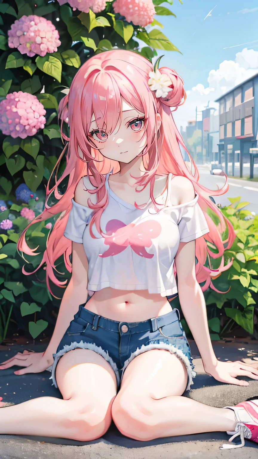 Coral pink hair,Long hair,hair over one eye,Gray eyes,feather hair ornament,cute,Girl,laughing expression,Short sleeves with exposed shoulders,Denim shorts,Navel,Wearing sneakers,Sitting on the ground,whole body,Don't show your arms,Background is hydrangea,Lots of hydrangeas,many clouds