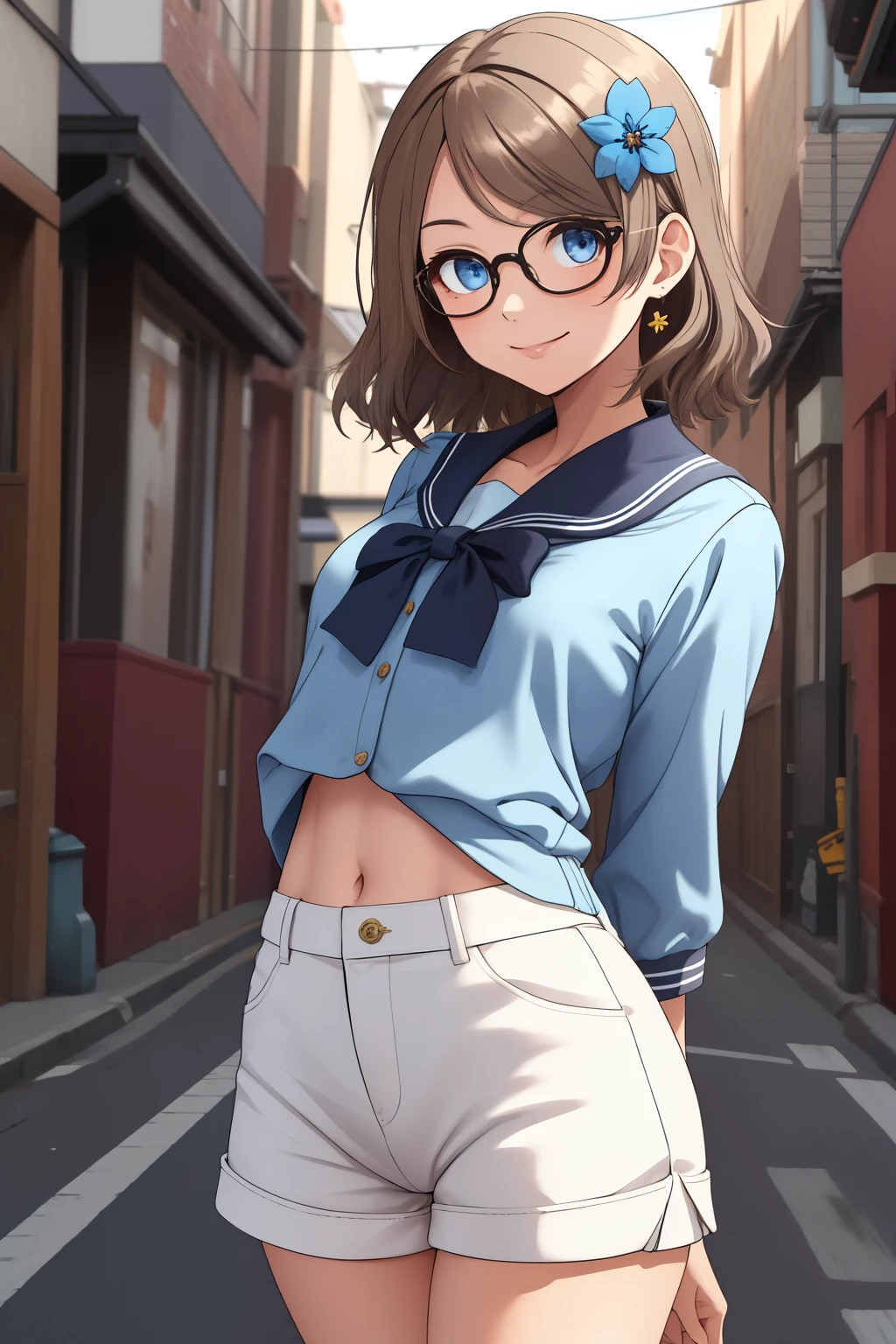 Masterpiece,solo focus, bar,Watanabe you, white shorts, blouse, hair ornaments, glasses,half sleeves, arms behind back,in street, thighs , warm smile, blue eyes,on date