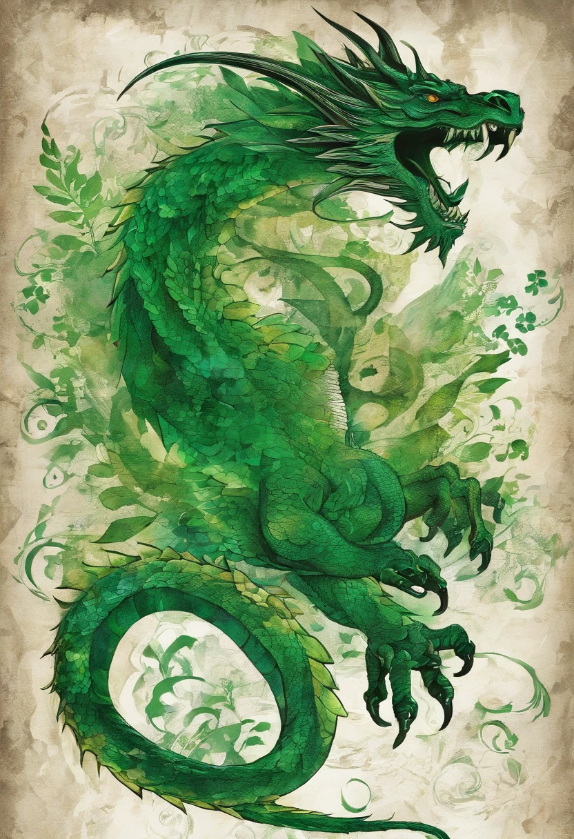 combative irish green emerald green dragon, regard et posture combat, green forest background ::2 colorful ink painting ::2 art fantasy