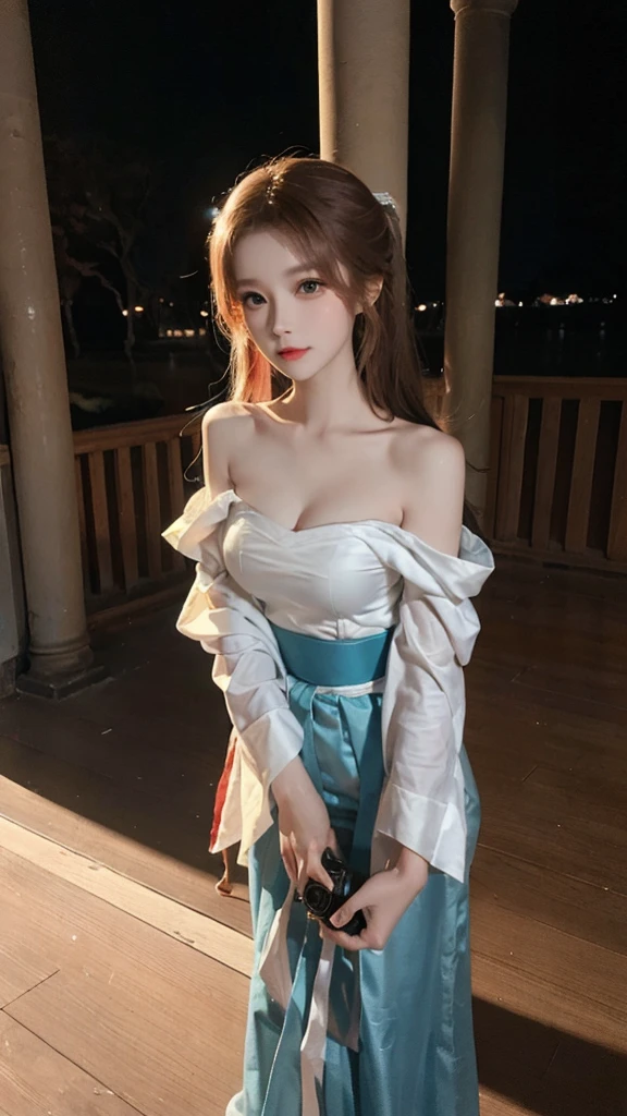 masterpiece,real photos,(solo) Real light and shadow,Backlight,Contour light,Shallow depth of field。night time,Chinese beauty with long straight reddish brown hair,looking into camera, Wearing gorgeous off-shoulder Hanfu,The moonlight shines on the skin of her face,She dances her sleeves gracefully,As if dancing in the wind,The picture has a sense of rhythm,The skirt flutters,Exuding the elegance and magnificence of classical dance,Style with Dunhuang Flying Dance,taking photos by Fujifilm high-grain 400 film,full-body shot, wild-angle view