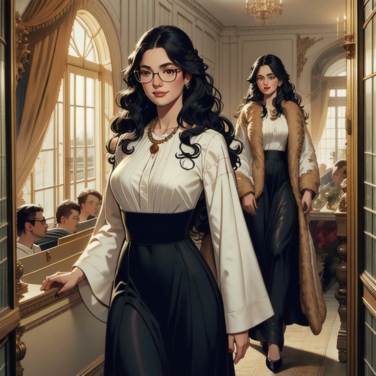 Delicate image, a beautiful girl, long black hair, wavy hairstyle, wearing black-framed glasses, smile, necklace, temperament, big breasts, wearing a teacher's coat, tight skirt facing the viewer standing, behind her a whole room of students, university students