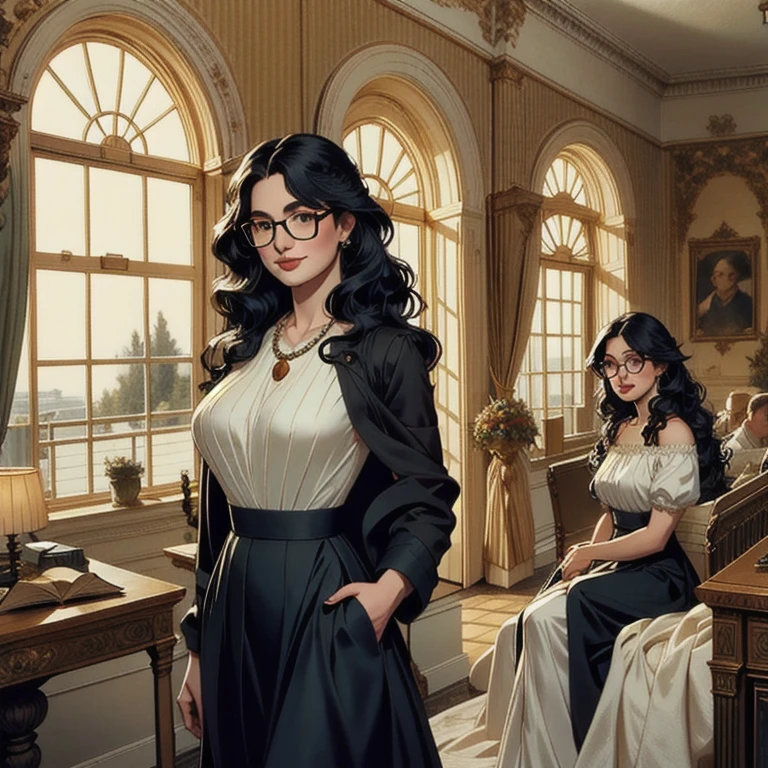 Delicate image, a beautiful girl, long black hair, wavy hairstyle, wearing black-framed glasses, smile, necklace, temperament, big breasts, wearing a teacher's coat, tight skirt facing the viewer standing, behind her a whole room of students, university students