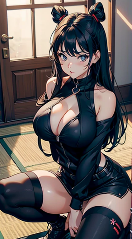 1 Girl, Cute face, Long hair, Japanese language school, Artworks of Hirohiko Araki, Black Japan , (Large target_breast), OPPEIN , Large bust，Cleavage，full-body shot，Gothic Cardigan, Black and white striped knee-length socks, Black boots, teenage girl, JOJO&#39;s Bizarre Adventure, Black Hair, Brown eyes, dramatic, Detailed features, Solitary ((best quality)), ((Perfectly generated))
NSFW

