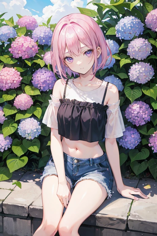 Pink hair，Purple Eyes，short hair，sister head，Two black hairpins，Girl，cute，laughing expression，Short sleeves with exposed shoulders，Denim shorts，Navel，Wearing sneakers，Sitting on the ground，whole body，Don't show your arms，Background is hydrangea，Lots of hydrangeas，many clouds