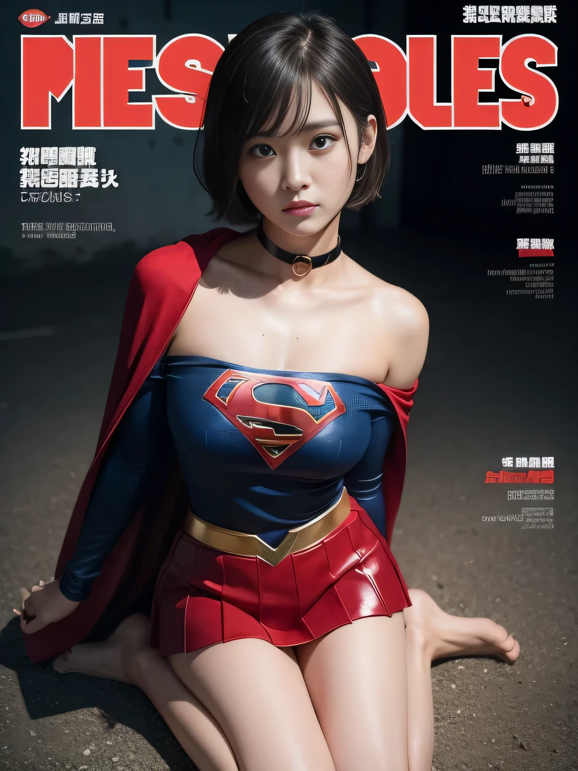 masterpiece、Supergirl Costume、short hair、barefoot、Big and ample breasts、Crisis situation、prison、camp、Kneel、Sweaty、Shiny、Look at the camera、provoke、Estrus、choker、Weekly magazine cover、Long sleeve、Red mini skirt、Humiliating、Seductive pose、Alluring、Off the shoulder、Model Body Type、Oily Skin、charm、Enchanting、abused、underground imprisonment、