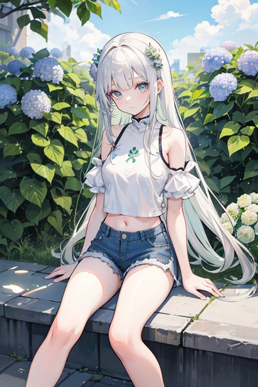 White hair，Long hair，Bangs，Bangs整齐，green hair band，Gray eyes，girl，cute，laughing expression，Short sleeves with exposed shoulders，Denim shorts，Navel，Wearing sneakers，Sitting on the ground，whole body，Don't show your arms，Background is hydrangea，Lots of hydrangeas，many clouds
