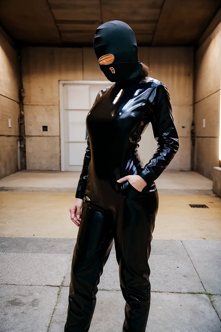teenage girl in tight bondage, tightly gagged, wearing sleeved unitard, anxious, scared, tape covering her mouth, hands tied, legs tied, shiny, spandex, short hair