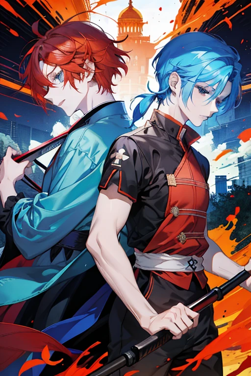 anime character with red hair and blue eyes in a dark shirt, tall anime guy with blue eyes, orange - haired anime boy, with red hair, zerochan, in an anime style, 8k!!, live2d virtual youtuber model, with short hair, by Kamisaka Sekka, :14 80s anime style, inspired by Bian Shoumin