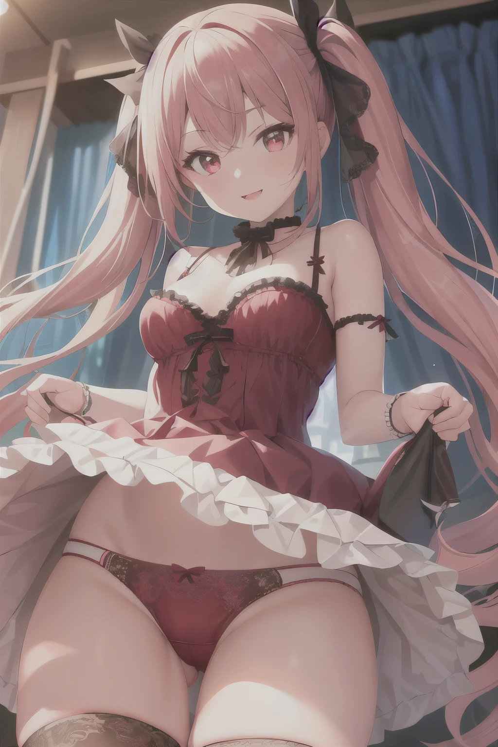 highest quality, Super detailed, Beautiful Face, from_Under, cowboy_shot, One girl, １人in, １Dildo, underwear, under panties, Under clothes, in, g,Cherry colored detailed lace lingerie、Glossy twin tails､Dynamic Pose､Uplifting､Glittering illumination