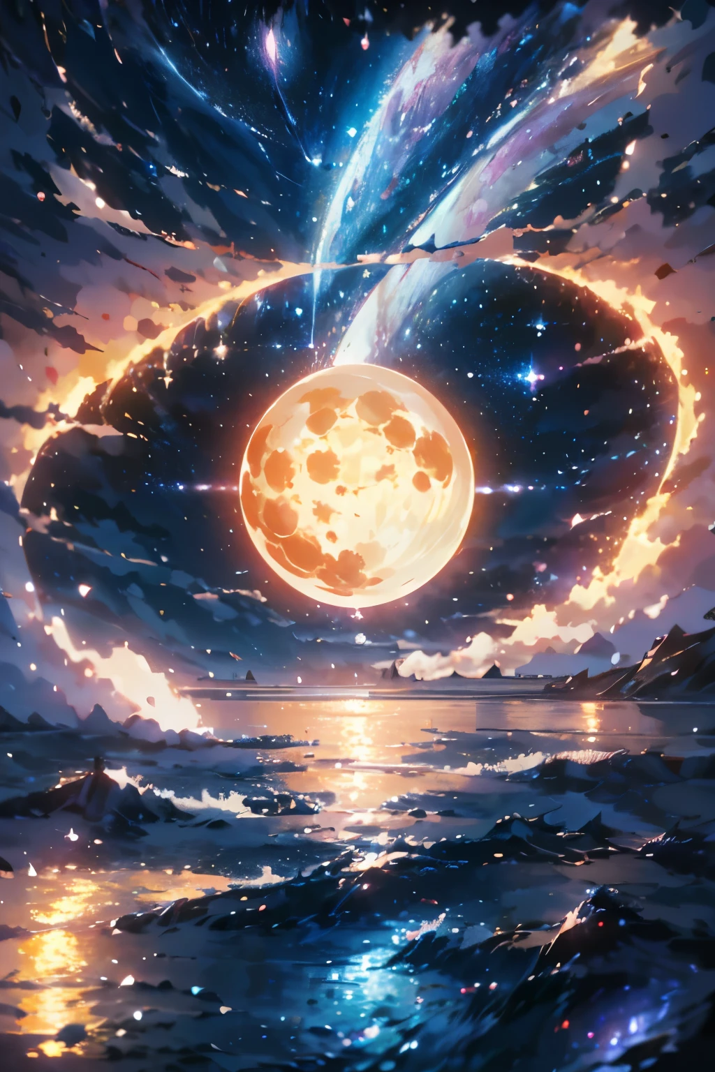 (best quality,4k,8k,highres,masterpiece:1.2),ultra-detailed,(realistic,photorealistic,photo-realistic:1.37),huge,magical,star-filled sky (funneling:0.9) stars,sparkling stars,anime style,girl in the background,cosmic nebula,constellations,captivating celestial scene,enchanted atmosphere,astral glow,stellar wonder,colorful dreamy hues,dimly lit,breathtaking cosmic masterpiece,The sky is filled with an immense number of stars, each one shining brightly, illuminating the vast darkness. The girl in the background stands in awe of the magical sight above her. She is depicted in an anime style, with expressive eyes and a captivating smile. The artwork is created with the utmost attention to detail, ensuring a high-quality visual experience. The star-filled sky is adorned with a cosmic nebula, creating an ethereal and mesmerizing backdrop. Constellations can be seen dotting the sky, their familiar shapes adding to the enchantment of the scene. The stars sparkle and twinkle, giving the impression of a shimmering celestial dance. The overall color palette consists of dreamy and vibrant hues, enhancing the magical atmosphere. The lighting in the scene is dim and subtle, further accentuating the celestial beauty. This artwork is truly a masterpiece, evoking a sense of wonder and awe in the viewer.((fullmoon:1.5))