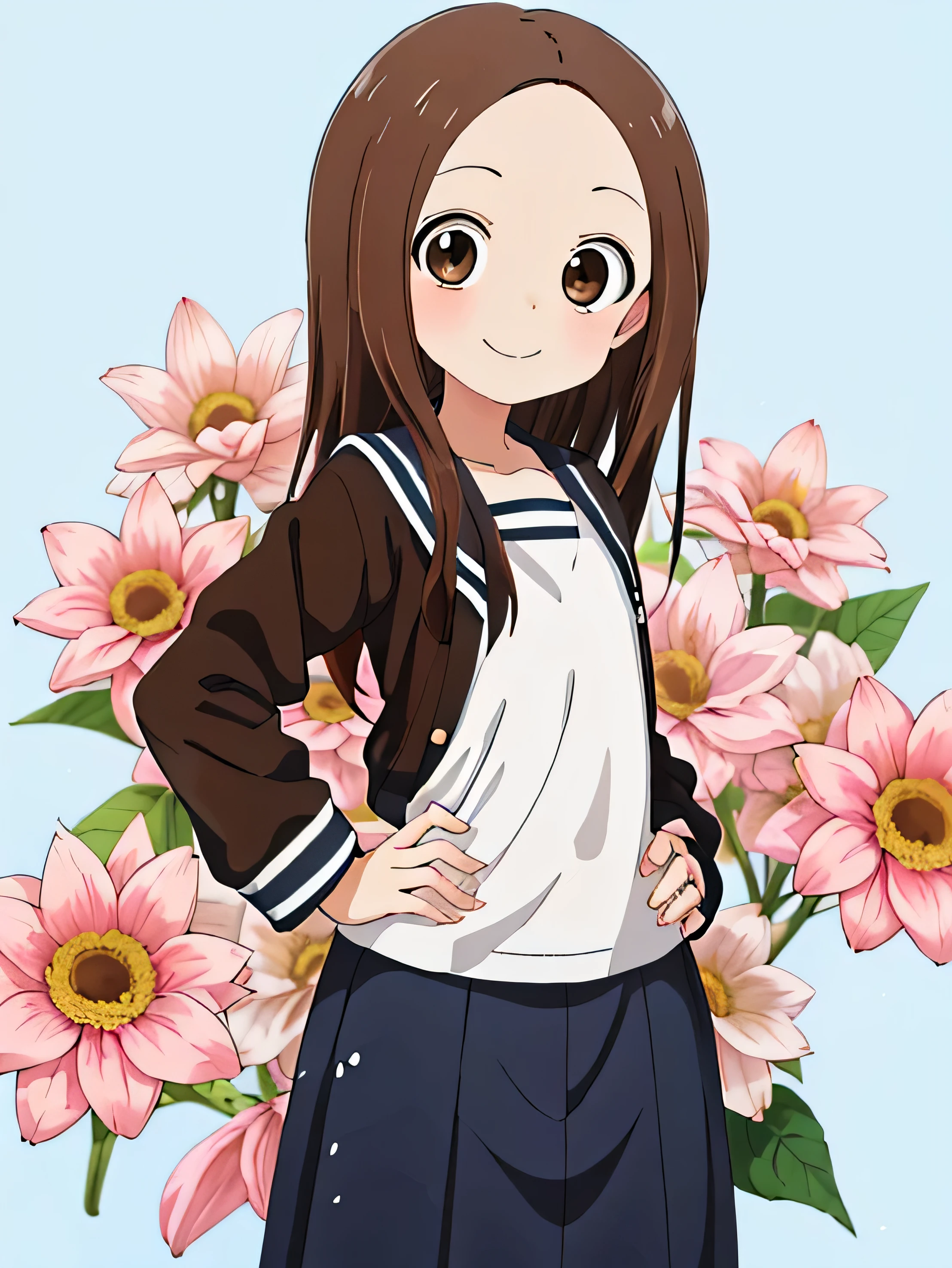 highest quality,High resolution、anime illustration style、takagi-san, one girl、closed mouth、smile、beautiful flower々Park with blooming flowers、A cute girl no matter who you look at、put your hands on your hips、absolute reference to center、smooth hair、closed mouth、brown hair、brown eyeedium hair