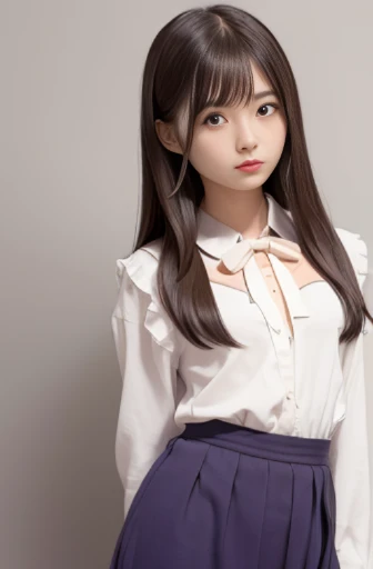 super mini skirt(gray and white plaid)A 20-year-old high school girl wearing a pink ribbon and white shirt.