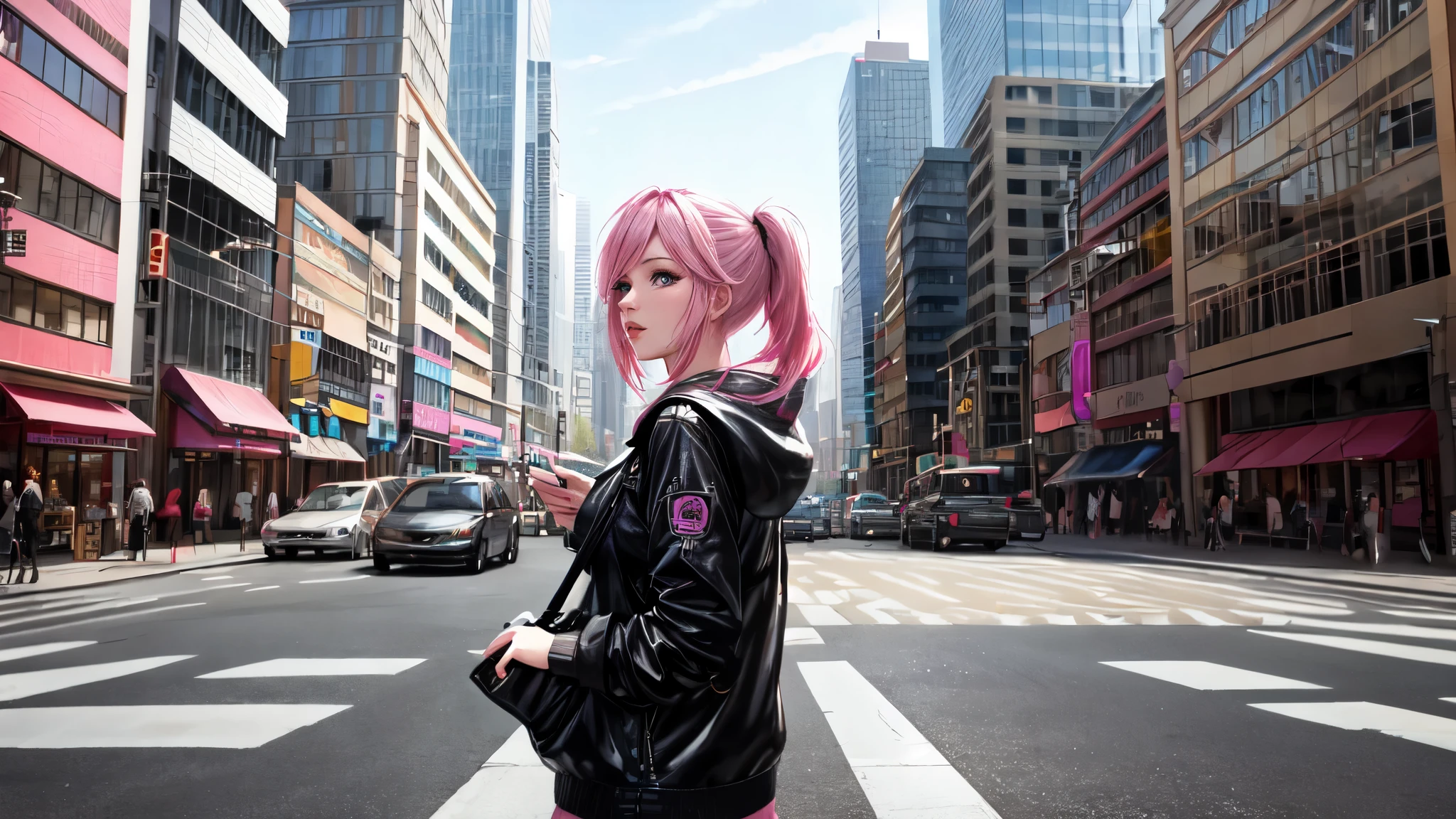 "A 24-year-old beautiful white woman with vibrant pink hair sits in the middle of the road, her phone in hand, amidst the bustling city streets. Her gaze occasionally flickers down to the screen as she navigates the urban landscape. People's reactions vary from curiosity to admiration, adding to the dynamic energy of the scene. Her journey through the city is a reflection of her bold personality and sense of style." "Masterpiece, 4k, High details."