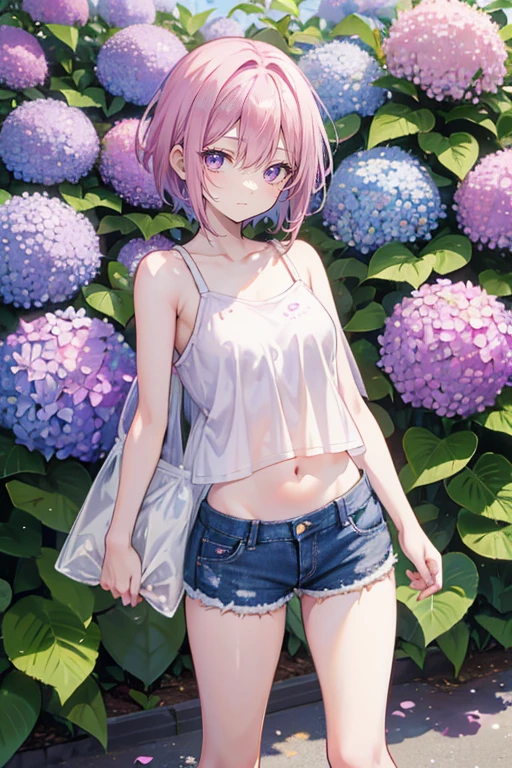 Pink hair,Purple Eyes,short hair,sister head,Two black hairpins,Girl,cute,laughing expression,Short sleeves with exposed shoulders,Denim shorts,Navel,Wearing sneakers,Standing on the ground,whole body,Don't show your arms,Background is hydrangea,Lots of hydrangeas,many clouds