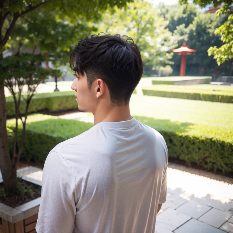 back of view, solo,male,Japanese,no beard,Upper Body、20-year-old、perfect face
