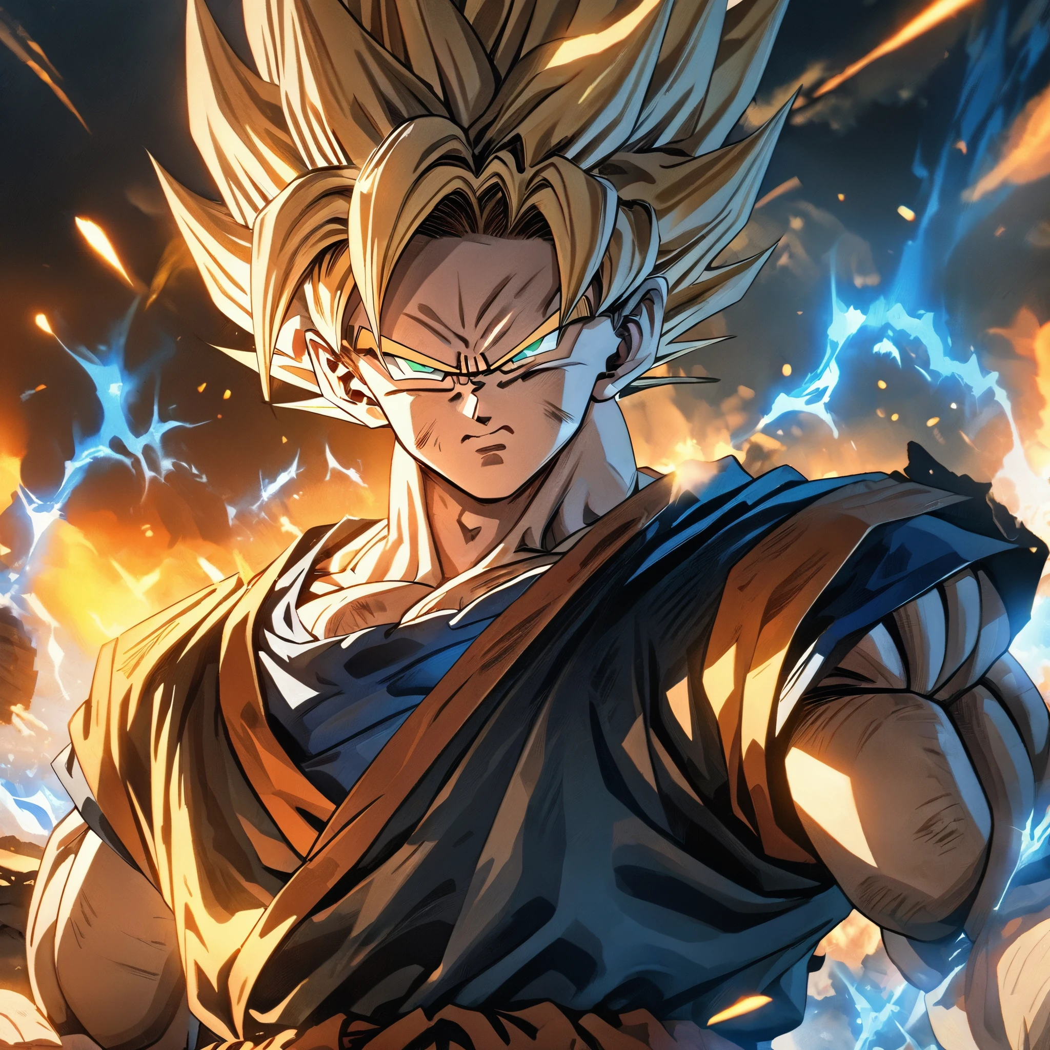 Goku with his classic costume, transformed into a super saiyan, with his two hands breathing blue energy
 in a giant demon, muscular, serious face, with golden aura, explosion,HDR, ultra resolution, well defined, masterpiece, 8K HD.