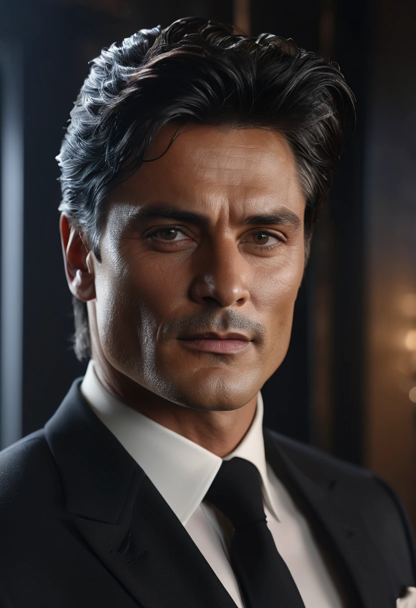 (best quality,4k,8k,highres,masterpiece:1.2),ultra-detailed,(realistic,photorealistic,photo-realistic:1.37),handsome man in dark room, black hair,strong,extremely chiseled body,40 years old,looks like Dolph Lundgren and Alain Delon,spiky short black hair, tall and elegant posture, mysterious atmosphere, piercing eyes, charismatic smile, wearing a fitted black suit, well-groomed appearance, dimly lit room with dramatic shadows, sharp jawline, sculpted cheekbones, intense gaze, strong masculine features, alluring presence, confidence radiates from him, impeccable fashion sense, sophisticated taste, subtle reflection on his well-polished shoes, aura of mystery, smoky ambiance, low-key lighting.