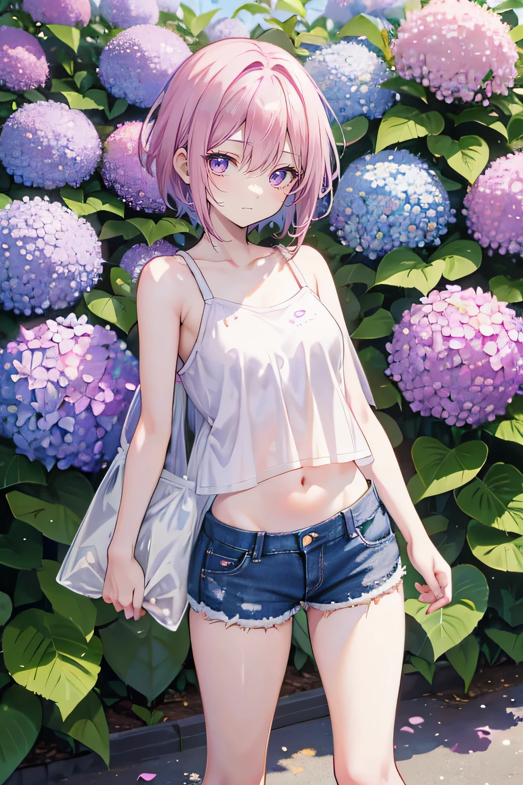 Pink hair,Purple Eyes,short hair,sister head,Two black hairpins,Girl,cute,laughing expression,Short sleeves with exposed shoulders,Denim shorts,Navel,Wearing sneakers,Standing on the ground,whole body,Don't show your arms,Background is hydrangea,Lots of hydrangeas,many clouds