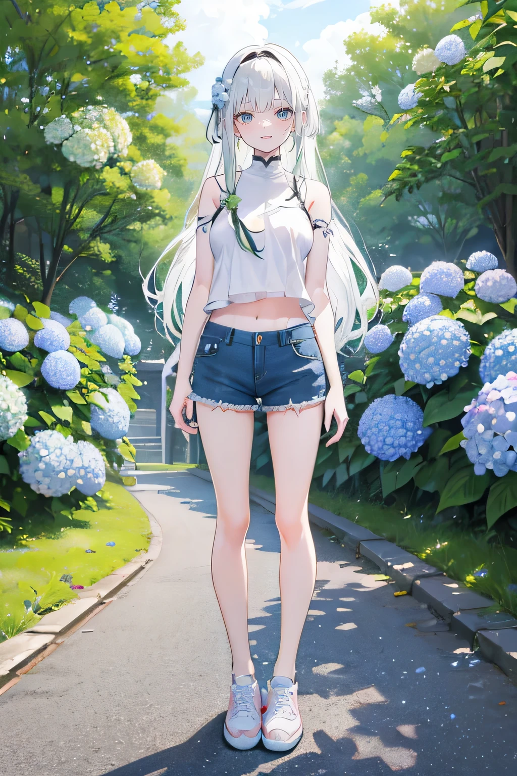 White hair，Long hair，Bangs，Bangs neatly，green hair band，Gray eyes，girl，cute，laughing expression，Short sleeves with exposed shoulders，Denim shorts，Navel，Wearing sneakers，Standing on the ground，whole body，Don't show your arms，Background is hydrangea，Lots of hydrangeas，many clouds
