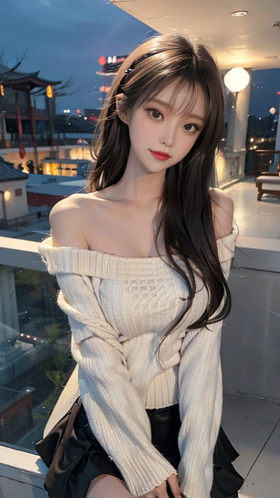 A beautiful Chinese girl wearing an off-shoulder white sweater dress and black pantyhose,Height 160,Weight 45kg,Perfect body,fairer complexion,Oval face,Deep facial features,Long brown hair,A confident smile,A little blush on face,light pink eyeshadow,night time，Posing against the railing on the observation deck,Realistic style,masterpiece