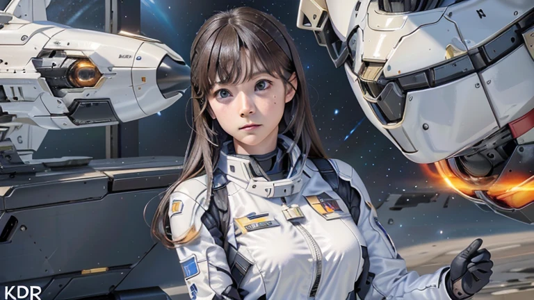 Gorgeous Japanese female fighter pilot in the foreground wearing a tight-fitting white space uniform, brown hair, blue eyes, officer rank, holding a helmet. Sleek interceptor spaceships in the background. Space Battleship Yamato live action.