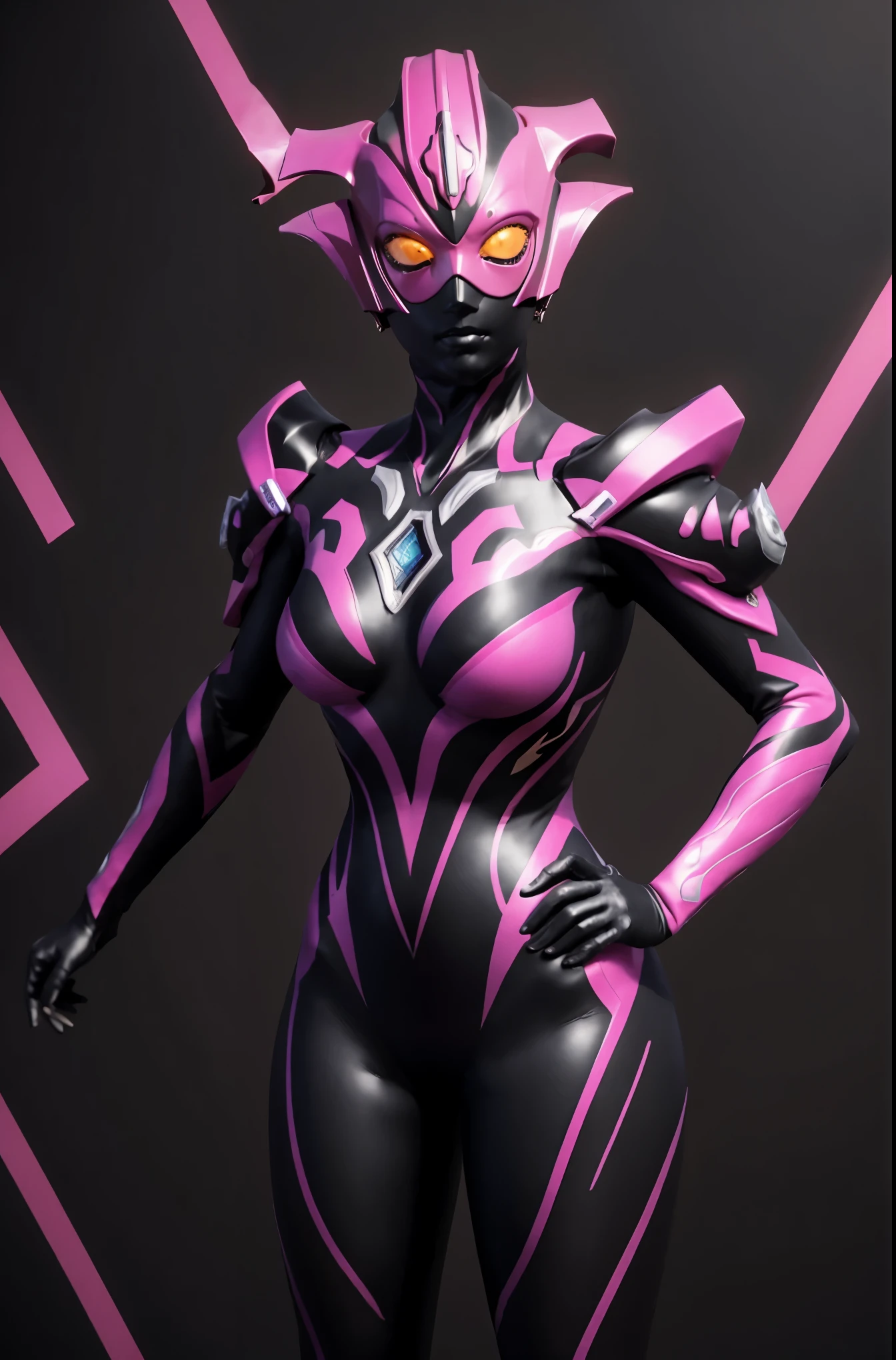 Ultraman Woman. （high quality）（luster）（Black and Pink thema color）（Black helmet. Black mask）women only. The whole body is covered with a black bodysuit. Spike decoration. Pink lines all over the body. purple coloreye. pink glow crystal. pink sharp claw. Place hands next to head. Emphasize the belly button. dark background. 