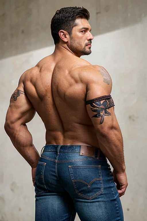 1male, vaqueros, Big muscles, rostro, realista, foto, real foto, cuerpo completo, jeans, backside